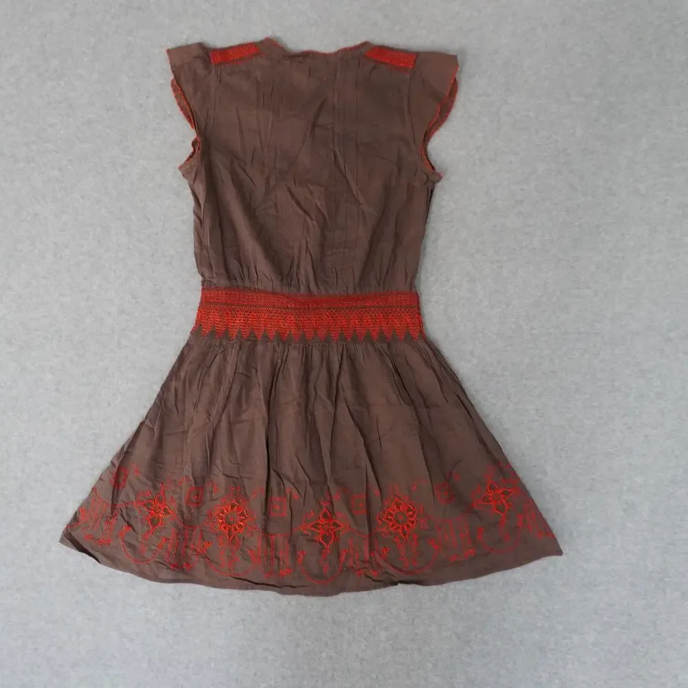 Free People Bohemian Brown And Coral Embroidered Mini Dress